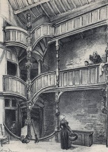 Interiør i et hus i Morlaix - Gamle Frankrike - Bretagne - tekst, tegninger og litografier, av Albert Robida (1848-1926) udatert slutten av 1800-tallet av Albert Robida