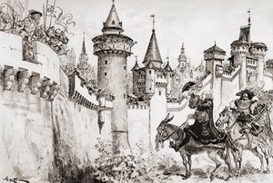 La Harangue Faite Par Ulric Gallet En Picrochole eller harangen levert av Ulric Gallet til Picrochole. av Albert Robida