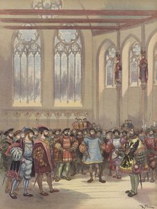 Burgundheralden, sendt av Charles-Quint, blir mottatt av Francois I i parlamentets store sal av Albert Robida