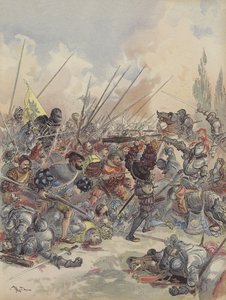 Kongen ved Pavia, faller fra hesten, såret, kjemper mot skyen av angripere som omgir ham (farge litho) av Albert Robida