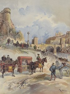Marguerite de France skal besøke broren sin, blir mottatt ved Pont de Tolede av Charles-Quint av Albert Robida