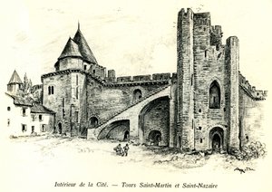 Medievale Cite de Carcassonne (Aude, Languedoc, Pays Cathare) - Tours Saint Martin (Saint Martin) og Saint Nazaire (Saint Nazaire) med hus bygget mot vollene - romantisk gravering av Albert Robida (1848-1926) i en bok utgitt på begynner av Albert Robida