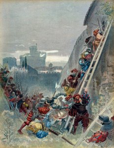 Syvende italienske krig (1526-1529): Karl III av Bourbons død (1490-1527) ved beleiringen av Roma 6. mai 1527. Illustrasjon av Albert Robida
