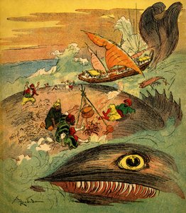 Sindbad sjømannen (Sinbad) - fortelling om de tusen og én natt (1001) - bok fra 1948 som forteller sine eventyr (Fortin-utgaven, Wonderful Imaging of childhood collection) - illustrasjon av Albert Robida (1848 - 1926): Sindbad og hans følgesvenner har misl av Albert Robida