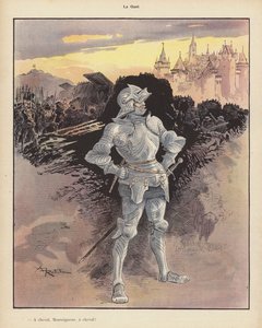 Klokken; soldat i rustning ser på beleiringen av en by (farge litho) av Albert Robida