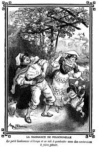 Fødselen til Polichinelle. Tegning av Albert Robida (1848-1926) i en lesebok for barn 1920-1930. av Albert Robida