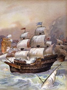 Flåten til Jean Ango blokkerer Tejo og truer Lisboa, ca. 1909 (illustrasjon) av Albert Robida