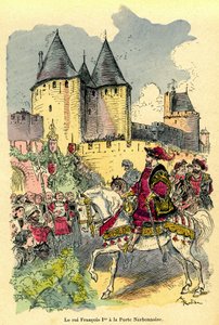 Kongen av Frankrike Francois 1. ankommer på hesteryggen foran Cite de Carcassonne, Porte Narbonnaise. Illustrasjon av Albert Robida (1848-1926): forsiden av boken quot;Le tresor de Carcassonnequot;quot; første utgave H. Laurens 1921. av Albert Robida