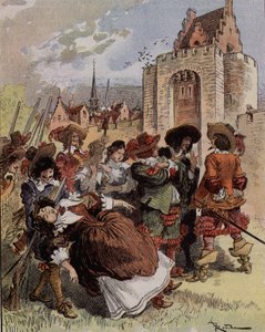 Kaptein Bellormeaus sjenanse - "" Madame de Malicorne falt i armene til en sersjant"". Karakter fra Albert Robidas bok. Omslag "" Den lille franskmannen illustrert"" fra 20.01.1900. av Albert Robida