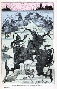 Undervannskamp i Papagayo-bukten (scaphandlere som rir på fisk), parodi på Jules Verne, "" Veldig ekstraordinære reiser av Saturnin Farandoul i 5 eller 6 deler av verden og i alle land kjent eller ukjent for Mr. Jules Verne" av Robida, Paris av Albert Robida