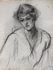 Halvlengde portrett av en ung jente, lener seg fremover, ca. 1910 (svart kritt på papir) av Albert de Belleroche