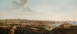 En av et sett med syv utsikter over Valletta, Malta og omegn, ca. 1753 (olje på lerret)