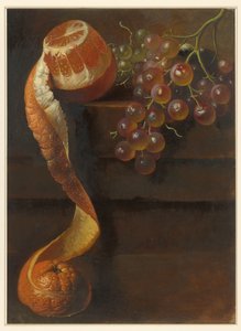 Stilleben med skrelt appelsin og drueklase