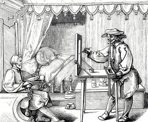 En tresnittsgravering som viser en kunstner som bruker et tegnehjelpemiddel for å få proporsjonene til et portrett riktige. Gravering av Albrecht Dürer (1471-1528), en tysk maler, grafiker og teoretiker fra renessansen