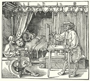 Metode for å produsere et skalabilde ved å merke omrisset av objektet på et glassark (gravering) av Albrecht (after) Durer or Duerer