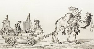 Organisten Paul Hoffaner spiller i en vogn trukket av en kamel, ca. 1880 (gravering)
