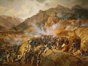 Napoleons tropper angriper det østerrikske blokkhuset Malborget, Sør-Tirol … (olje på lerret)