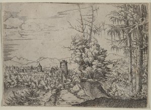 Landskap med to furutrær av Albrecht Altdorfer