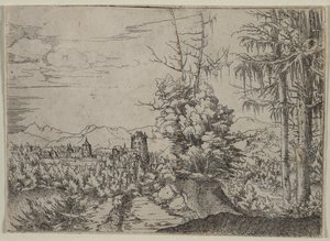 Landskap med to furutrær, 1522-1525. av Albrecht Altdorfer
