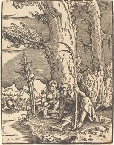 Saint Christopher sitter ved en elvebredd av Albrecht Altdorfer