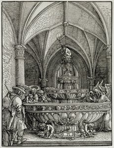 Den hellige familie har fontenen. Gravering av tyske Albrecht Altdorfer (1480-1538). Museet Louvre av Albrecht Altdorfer