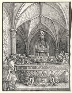 Den hellige familie på flukt til Egypt ved en fontene av Albrecht Altdorfer