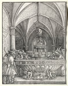 Den hellige familie på flukt til Egypt ved en fontene, ca. 1520. av Albrecht Altdorfer
