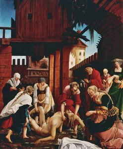 Oppdagelsen av kroppen til helgenen i Cloaca Maxima, fra St. Sebastian-altertavlen av Albrecht Altdorfer