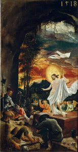 Kristi oppstandelse Han holder en korspinne på enden som svever et hvitt flagg (standard). Maleri av Albrecht Altdorfer (ca. 1480-1538) 1518 Dim. 70x37 cm Vienna Kunsthistorisches Museum av Albrecht Altdorfer