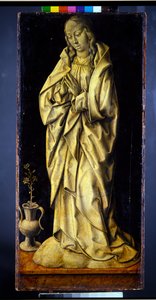 Tidligere vingene til en triptyk, et par, kvinnelige figurer som personifiserer visdom og generøsitet, med kunngjøringen (panel; en grisaille verso) av Albrecht Bouts