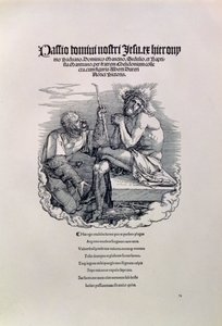 En romersk soldat som håner Kristus, med kunstnerens navn på latin over og under et dikt som berømmer mannen for hans synder, tittelside til serien The Great Passion, pub. 1511 av Albrecht Dürer