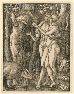 Adam og Eva, blad 2 fra serien "Den lille tresnittspasjonen" av Albrecht Dürer