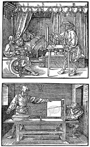 Apparat for å oversette tredimensjonale objekter til todimensjonale tegninger, 1525, 1936 av Albrecht Dürer