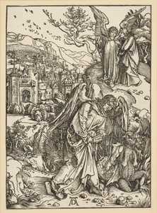 Engelen kaster dragen i avgrunnen og stenger den inne der (Apokalypsen) av Albrecht Dürer