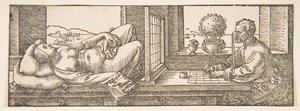 Tegner som lager en perspektivtegning av en liggende kvinne, ca. 1600. av Albrecht Dürer