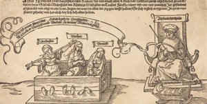 Rettferdighet, sannhet og fornuft i aksjene med den sittende dommeren og sovende fromhet, sannsynligvis 1526. av Albrecht Dürer