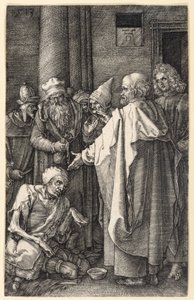 Peter og Johannes helbreder en lam tigger i tempelet (Kobberstikkpasjonen) av Albrecht Dürer