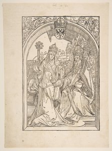 Rosvitha presenterer komediene til keiser Otto I. illustrasjon fra Operaen Hrosvi....nd av Albrecht Dürer