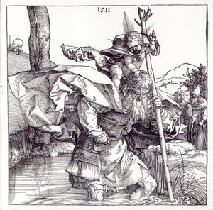 St.Christopher bærer Kristusbarnet, 1511 (tresnitt) (bw-bilde) av Albrecht Dürer
