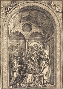 Den hellige familie med to engler i en hvelvet sal av Albrecht Dürer
