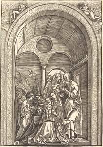 Den hellige familie med to engler i en hvelvet sal av Albrecht Dürer
