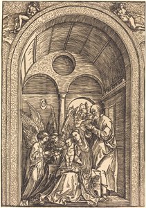Den hellige familie med to engler i en hvelvet sal av Albrecht Dürer