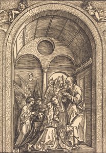 Den hellige familie med to engler i en hvelvet sal, ca. 1504. av Albrecht Dürer