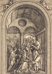 Den hellige familie med to engler i en hvelvet sal, ca. 1504. av Albrecht Dürer