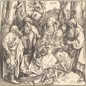 Den hellige familie med to musikkskapende engler av Albrecht Dürer