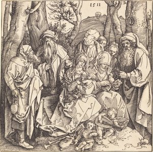 Den hellige familie med to musikkskapende engler av Albrecht Dürer