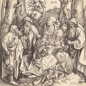 Den hellige familie med to musikkskapende engler, 1511. av Albrecht Dürer
