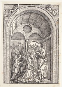 Den hellige familie med to engler i en hvelvet sal av Albrecht Dürer