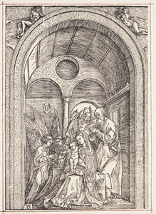 Den hellige familie med to engler i en hvelvet sal av Albrecht Dürer