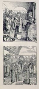 Triumfbuen til keiser Maximilian I (1459-1519): detalj som viser to paneler plassert over venstre portal som viser hendelser i livet til keiser Maximilian, pub. 151728 av Albrecht Dürer